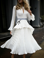 Robe de Soirée Mi-longue Imprimé Rayures Femme à Col Rond avec Manches Longues Volantes Coupe Cintrée Bas Evasée Robe Femme