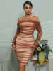 Robe de Soirée Moulante Courte avec Manches Longues avec Epaule Dénudée Coupe Cintrée Unicolore