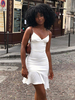 Robe de Soirée Moulante Femme avec Bretelles à Col V Coupe Cintrée avec Volant Unicolore Robe Eté