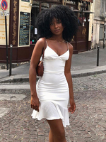 Robe de Soirée Moulante Femme avec Bretelles à Col V Coupe Cintrée avec Volant Unicolore Robe Eté