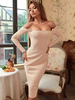 Robe de Soirée Moulante Mi-longue avec Epaule Dénudée avec Manches Longues Coupe Cintrée Unicolore Robe Sexy