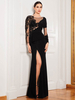 Robe de soirée noir col rond manche longue transparente jupe fendue au sol robe de cérémonie