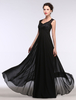 Robe de soirée noir en chiffon col V longueur au sol robe de cérémonie