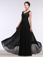 Robe de soirée noir en chiffon col V longueur au sol robe de cérémonie
