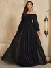 Robe de soirée noire à col bateau et manches longues à lacets