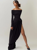 Robe De Soirée Noire À Col Bateau Manches Longues Fendue Robe Semi-Formelle