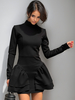 Robe de soirée noire à col haut plissée manches longues superposée robe semi-formelle