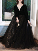 Robe de soirée noire a-ligne jeux manches longues manches longues en dentelle paillette doux tulle-longueur robes de soirée formelle