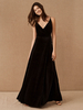 Robe de soirée noire A-Line Col V-Col Longueur de plancher Sans Manches Zipper Sash Matte Satin Satin Robes de soirée