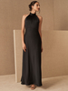 Robe de soirée noire A-Line Sans manches Halter Matte Satin longueur de sol en satin plissé robes de dîner formel plissées