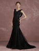 Robe de soirée noire dentelle appliques sirène robe formelle sans manches Cowl retour chapelle Train Occasion tenue Milanoo