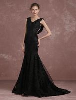 Robe de soirée noire dentelle appliques sirène robe formelle sans manches Cowl retour chapelle Train Occasion tenue Milanoo
