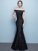 Robe de soirée noire dentelle robe formelle Sequin Bateau sirène hors de l’épaule parole longueur robe de Occasion