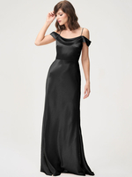 Robe de soirée noire gaine bateau cou satin tissu longueur au sol plissée longueur au sol robes de soirée formelles
