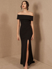 Robe de soirée noire Gaine Bâteau Cou Longueur à manches courtes à manches courtes Zipper Split Front Satin Tissu Social Pageant Robes