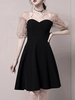 Robe de soirée noire robe de bal col en coeur longueur au genou demi-manches fermeture éclair perlée stretch crêpe robes de dîner formelles