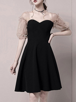 Robe de soirée noire robe de bal col en coeur longueur au genou demi-manches fermeture éclair perlée stretch crêpe robes de dîner formelles