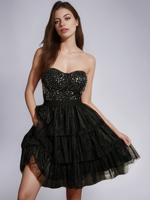 Robe de soirée noire sans bretelles à paillettes robe semi-formelle superposée sans manches