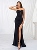 Robe de soirée noire sans bretelles avec fente haute sirène froncée longue robe de bal pour femme 2025