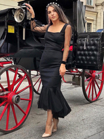 Robe de soirée noire sirène col carré manches longues fermeture éclair volants Polyester moulante robes de soirée formelles
