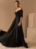 Robe de soirée noire une ligne col bateau manches courtes poches à glissière satin mat longueur plancher robes de soirée formelles