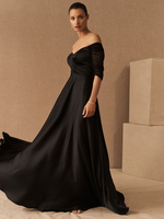 Robe de soirée noire une ligne col bateau manches courtes poches à glissière satin mat longueur plancher robes de soirée formelles