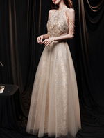 Robe de soirée or claire en dentelle col rond décoré des fleurs jupe plissée longueur au cheville robe cérémonie