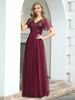 Robe de soirée paillettes corsage A-ligne col en V-parole longueur manches courtes dos nu en mousseline de soie robes de soirée sociale