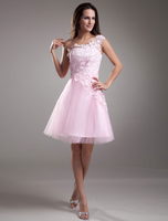 Robe de soirée pas chère 2021 Dentelle robe de Cocktail Prom courte une épaule robe rose Tulle Party Dress