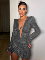Robe De Soirée Pour Femmes Col En V Manches Longues Robe Sexy Club