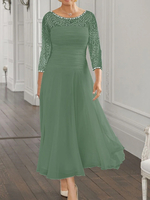 Robe de soirée pour la mère de la mariée col en bijoux manches longues coupe trapèze en dentelle robes dinvitées pour mariage