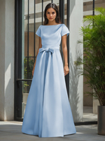 Robe de soirée pour la mère de la mariée col en V manches courtes ligne A ceinture robes dinvitées de mariage