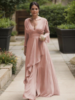 Robe de soirée pour la mère de la mariée col en V manches longues ligne A volants longueur au sol robes dinvitées de mariage
