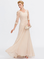 Robe de soirée pour la mère de la mariée col en V manches mi-longues fourreau plissé longueur au sol robes dinvitées pour mariage