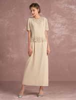 Robe de Soirée Pour La Mère Robe de Mariage 2021 En Mousseline de Soie Perlée Demi Manches Dos Nu Fendu Cheville Longue