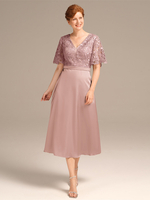 Robe de soirée pour mère de la mariée col bijou manches courtes ligne a dentelle longueur thé robes dinvitées de mariage