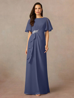 Robe de soirée pour mère de la mariée col bijou manches courtes ligne a plissée robes dinvitées de mariage