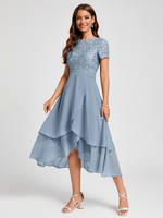 Robe de soirée pour mère de la mariée col bijou manches courtes ligne a robes dinvitées asymétriques pour mariage