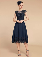 Robe de soirée pour mère de la mariée col en bijou manches cape dentelle ligne a longueur thé robes dinvitées de mariage
