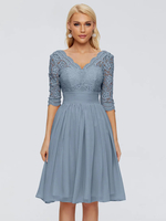 Robe de soirée pour mère de la mariée col en v demi-manches courte en dentelle longueur aux genoux robes dinvitées de mariage