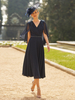 Robe de soirée pour mère de la mariée col en v demi-manches ligne a ceinture longueur thé robes dinvitées pour mariage