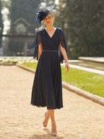 Robe de soirée pour mère de la mariée col en v demi-manches ligne a ceinture longueur thé robes dinvitées pour mariage