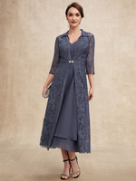 Robe de soirée pour mère de la mariée col en v demi-manches ligne a dentelle longueur thé robes dinvitées pour mariage