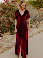 Robe de soirée pour mère de la mariée col en v manches courtes ligne a fendue sur le devant longueur au sol robes dinvitées pour mariage