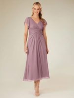 Robe de soirée pour mère de la mariée col en v manches courtes ligne a plissée longueur thé robes dinvitées de mariage