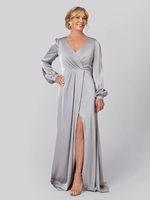 Robe de soirée pour mère de la mariée col en V manches longues ligne A plissée avec traîne robes dinvitées pour mariage