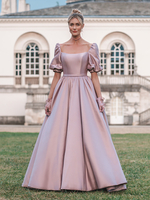 Robe de soirée princesse silhouette col carré tissu satiné longueur au sol boutons robes de soirée sociales