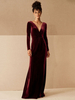 Robe de soirée robe cérémonie femme verte col V manche longue décollecté au sol