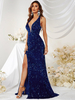Robe de soirée robe de bal col en V avec traîne sans manches à lacets paillettes polyester robes de soirée sociales