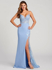 Robe de soirée Robe de bal Col en V Dos nu Polyester Longueur ras du sol Appliqués Bleu ciel clair Robe de soirée